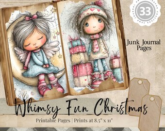 Whimsy Fun Christmas Junk Journal Kit, Reindeer and Friends Journal Pages