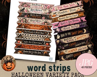 Halloween Word Strips Printable, Spooky Junk Journal Ephemera (Digital Download)