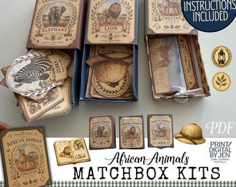 Vintage African Animals Matchbox Kit, Safari Junk Journal Craft (PDF)