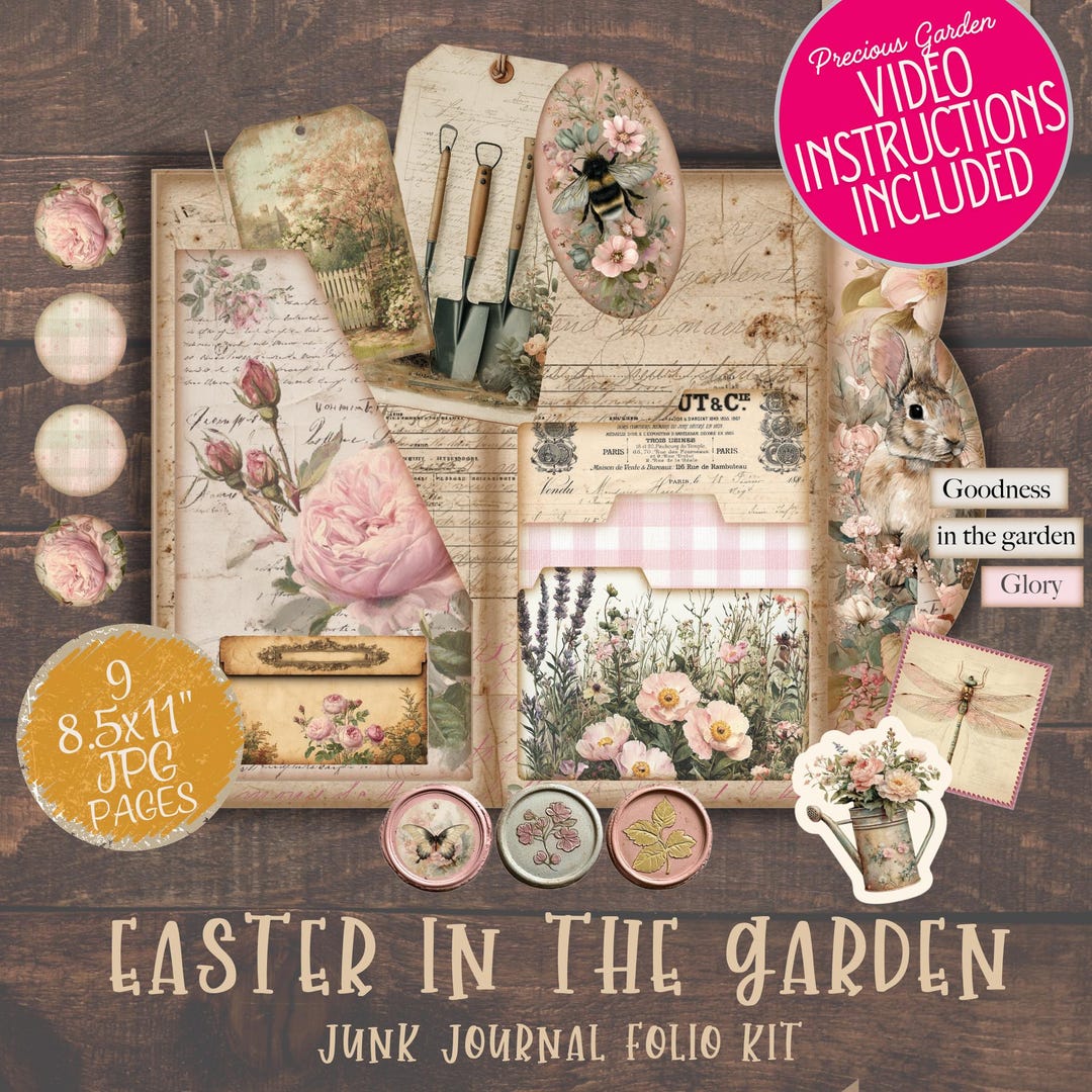 Easter Garden Junk Journal Folio Kit, Vintage Bunny Floral Ephemera (30 ...