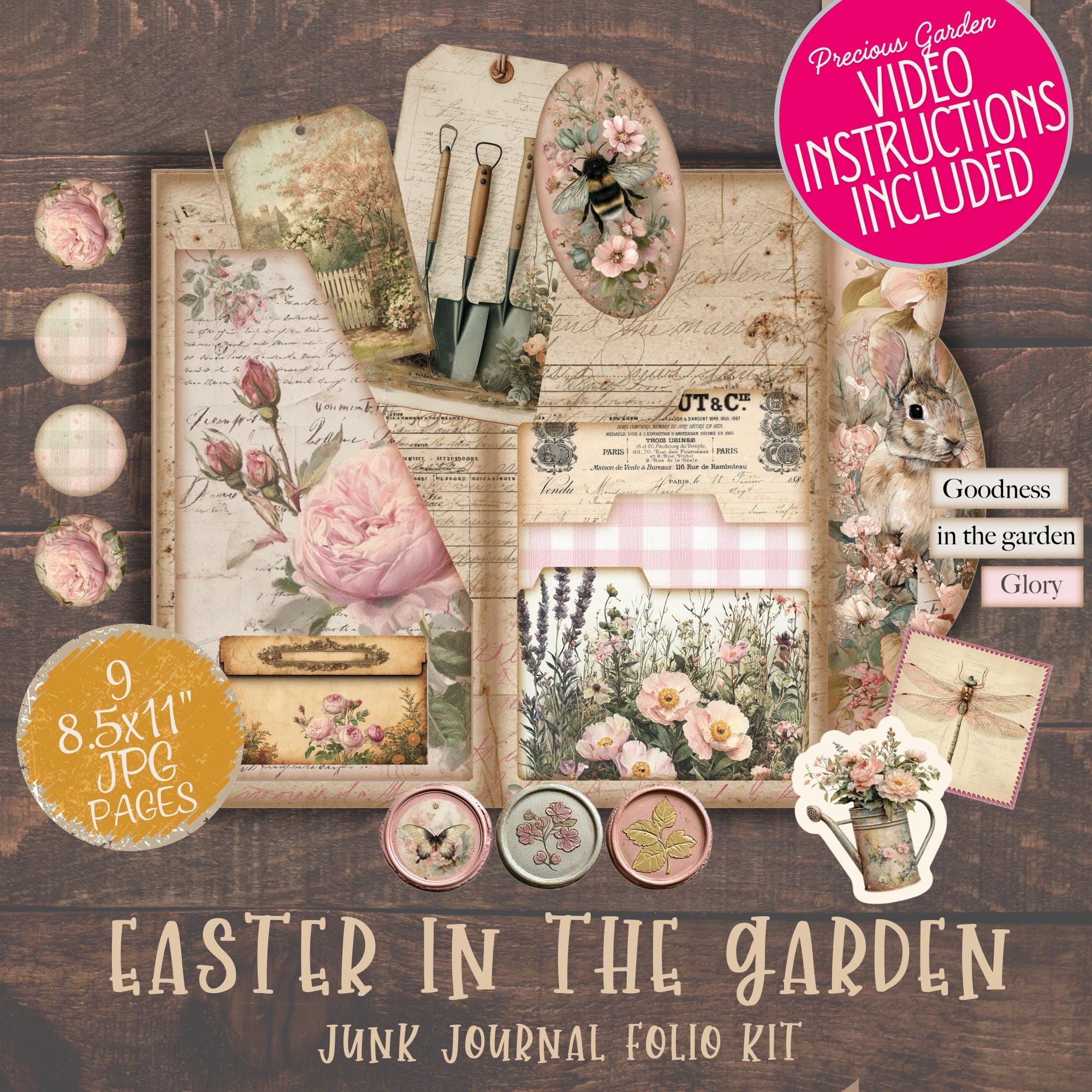 Easter Garden Junk Journal Folio Kit, Vintage Bunny Floral Ephemera (30 ...