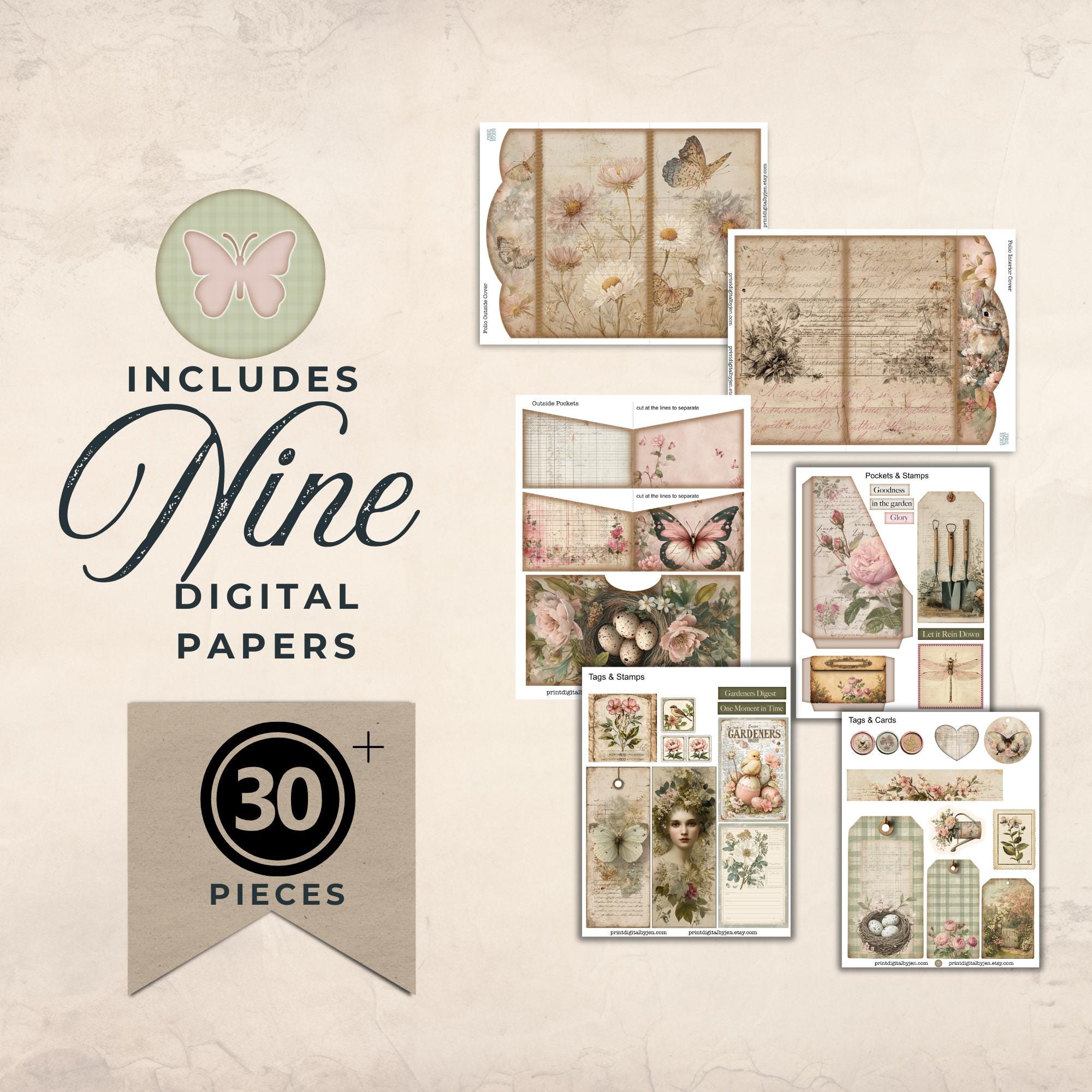 Easter Garden Junk Journal Folio Kit, Vintage Bunny Floral Ephemera (30 ...