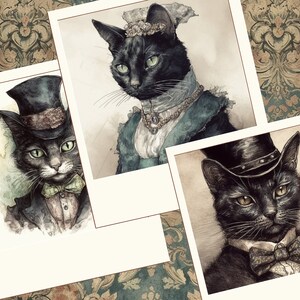 May include: Three black cats wearing different hats and bow ties. The cats are depicted in a vintage style with watercolor and ink.