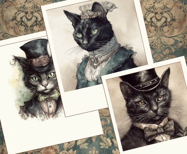 May include: Three black cats wearing different hats and bow ties. The cats are depicted in a vintage style with watercolor and ink.