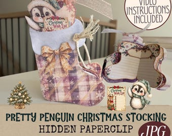 Pretty Penguin Christmas Stocking Hidden Paperclip Illusion Pocket (Digital Download)