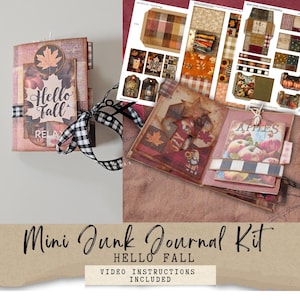 Könnte beinhalten: Ein Mini-Junk-Journal-Kit mit Herbstthema. Das Journal ist mit einem schwarz-weiß karierten Band gebunden. Das Cover zeigt ein Ahornblatt und die Worte "Hello Fall" und "Relax". Das Kit enthält Ephemera mit Apfel- und Karomustern.