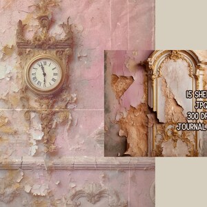 Shabby Tattered Pink Walls Junk Journal Paper, Tattered Pink & Gold Wall Printable, Pink Printable, Journal Kit, Journal Pages, Scrapbooking image 3