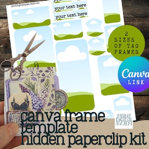 May include: A printable Canva frame template and hidden paperclip kit. The design features blue skies, green hills, and white clouds. Includes tag frames in two sizes. A pair of vintage scissors and decorative paper are also visible.