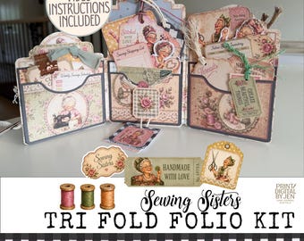 Sewing Sisters Tri Fold Folio Kit, Vintage Sewing Ephemera, Junk Journal Printable (Digital Download)