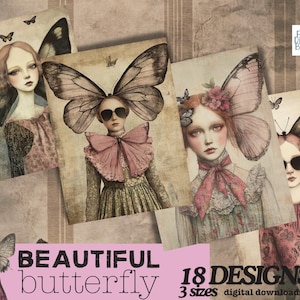 Pages de journal indésirable surréaliste Butterfly Lady, feuille de collage imprimable, cartes atc fantaisie, cartes de scrapbooking papillon imprimables, atc numérique