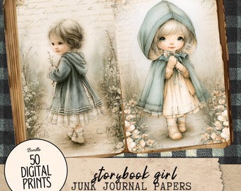 Storybook Girl Junk Journal Pages, 50 Vintage Printable JPGs, 8.5 x 11