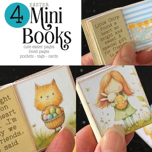Puede incluir: Un conjunto de cuatro minilibros con temática de Pascua. Los libros presentan ilustraciones de un gato con una cesta de huevos, una niña con un conejito y el texto "Little Chirp found a heart so bright and sweet". Los libros están etiquetados como "4 Mini Books".