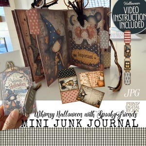 May include: A Halloween-themed mini junk journal featuring illustrated pages with a witch, pumpkins, and ghosts. The journal includes decorative tags, pockets, and cards with the text Whimsy Halloween with Spooky Friends and Important.