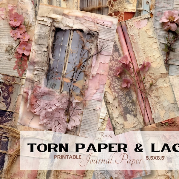 Torn Paper & Lace Junk Journal Half Papers, Printable Journal Collage Pages, Digital Download for Commercial Use