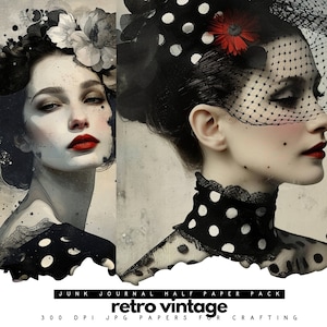 Portrait de femme rétro vintage, technique mixte, collage, journal imprimable indésirable, demi-papiers, scrapbooking, cartes, travaux manuels, pages de livre, découpage, CU