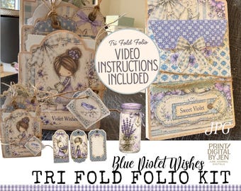 Blue Violet Wishes Tri Fold Folio Kit – Junk Journal Ephemera (Digital Download)