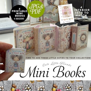 May include: A collection of four printable mini books with adorable illustrations, including a frog, girl, puppy, and hedgehog. The books are labeled "Cute Little Friends" and come with four interior sets to match. The image also includes the text "JPG & PDF".