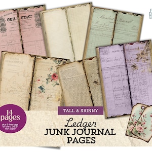 Op de afbeelding: Een verzameling vintage ledger- en journaalpagina's. De pagina's hebben verouderde papiertexturen, vervaagde kleuren en handgeschreven tekst. De afbeelding bevat labels met bloemmotieven en de tekst "Ledger Junk Journal Pages".