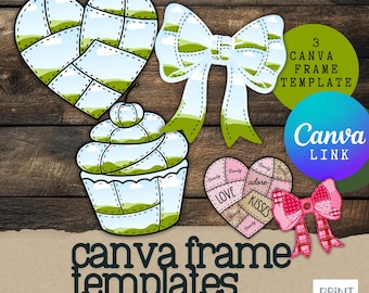 Könnte beinhalten: Digitale Canva-Rahmenvorlagen mit Herz-, Schleifen- und Cupcake-Designs mit Patchwork-Effekt. Die Designs enthalten den Text "Love, Kisses, Adore" und "Canva Frame Templates 3 Designs". Eine rosa Schleife ist ebenfalls enthalten.