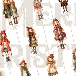 Op de afbeelding: Een set digitale illustraties met verschillende meisjes die winterkleding dragen. De meisjes zijn afgebeeld in verschillende poses en met verschillende accessoires, zoals hoeden, sjaals en wanten. De illustraties zijn gemaakt in aquarelstijl en hebben een speelse en charmante uitstraling.