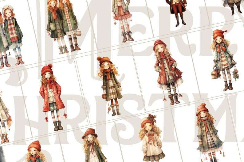 Op de afbeelding: Een set digitale illustraties met verschillende meisjes die winterkleding dragen. De meisjes zijn afgebeeld in verschillende poses en met verschillende accessoires, zoals hoeden, sjaals en wanten. De illustraties zijn gemaakt in aquarelstijl en hebben een speelse en charmante uitstraling.