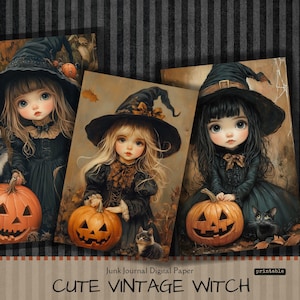 Folha de colagem de bruxa de Halloween digital, Halloween vintage, cartões de diário, imagem digital, cartões de scrapbook, download para impressão, ACEO, cartões atc