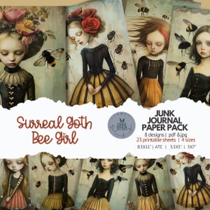 Quirky Goth Bee Girl Junk Journal Cards, cartões ATC, páginas de lixo eletrônico, coisas efêmeras imprimíveis para scrapbooking e criação de cartões para download digital