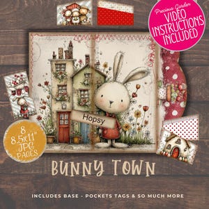 Bunny Junk Journal Easter Folio Kit Digital Ephemera Pockets Tags 8.5x11 -  Video Instructions Included