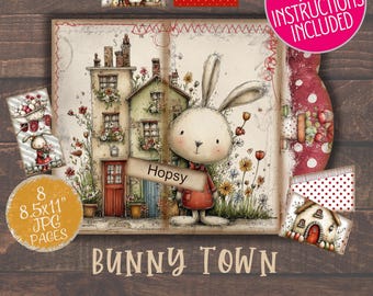 Bunny Junk Journal Easter Folio Kit Digital Ephemera Pockets Tags 8.5x11 -  Video Instructions Included