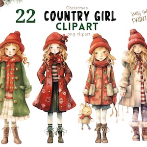 Clipart de garota country de Natal, download digital, arquivos PNG, meninas, diário indesejado, álbum de recortes, enfeites para fazer cartões, gráficos de planejador