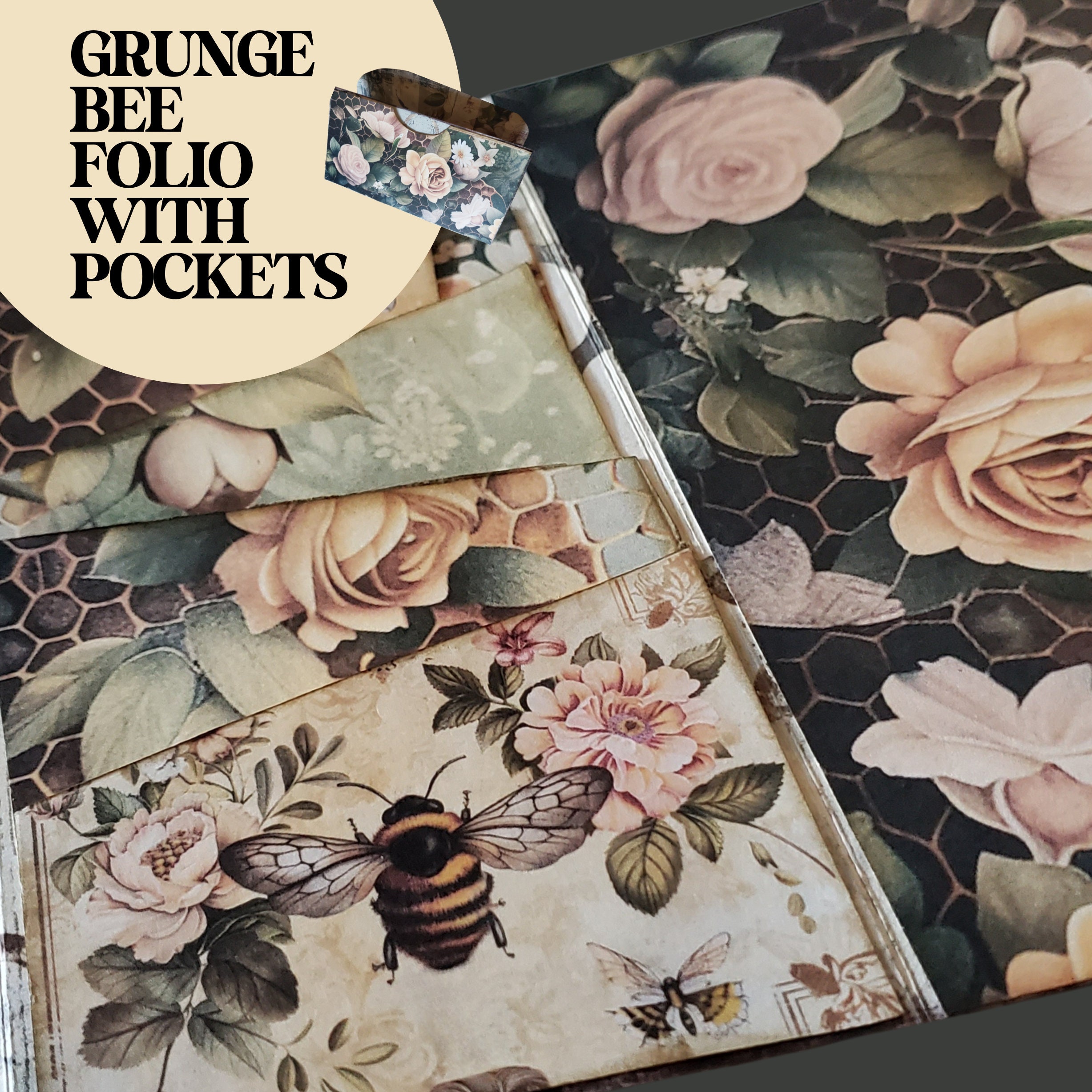 Grunge Bee Junk Journal Folio Kit: DIY Folding Pocket Insert (Digital Download)