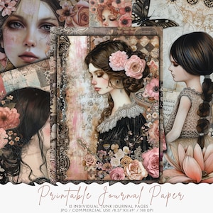 Carta per diario spazzatura per ragazza shabby chic, carte stampabili, pastello, uccello, carta digitale con rose, download digitale, uso commerciale
