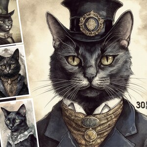 May include: A black cat wearing a dark blue suit with a gold patterned scarf and a black top hat with a gold emblem. The cat has a serious expression and is looking directly at the viewer.