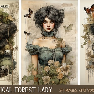 Tarjetas de diario de tarjetas Botanical Forest Witch, tarjetas ATC, suministros de diarios efímeros y basura, mini papeles, flores, álbumes de recortes, fabricación de tarjetas