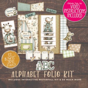 May include: An alphabet folio kit with a whimsical design. The kit includes interactive waterfall elements and 8.5x11 inch JPG pages. The design features animal illustrations, the letters "ABC", and the text "Alphabet Folio Kit". Video instructions are included.