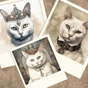 May include: Three white cats with different accessories. The first cat is wearing a crown with blue jewels. The second cat is wearing a black and gold collar with a pendant. The third cat is wearing a gold crown with red jewels and a white necklace with a gold pendant.