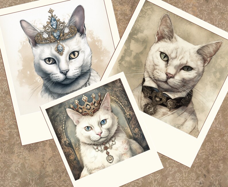 May include: Three white cats with different accessories. The first cat is wearing a crown with blue jewels. The second cat is wearing a black and gold collar with a pendant. The third cat is wearing a gold crown with red jewels and a white necklace with a gold pendant.