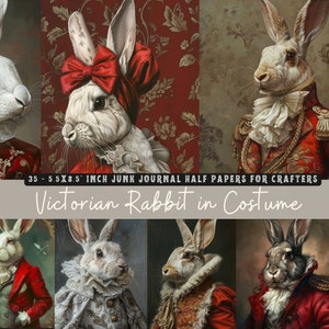 Viktorianisches Kaninchen in Kostüm Junk Journal Papiere, Vintage Bunnies Digitale Papiere, druckbares viktorianisches Kaninchen, sofortiger Download Scrapbook