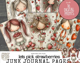 Let's Pick Strawberries Junk Journal Pages - Digital Journal Paper Bundle