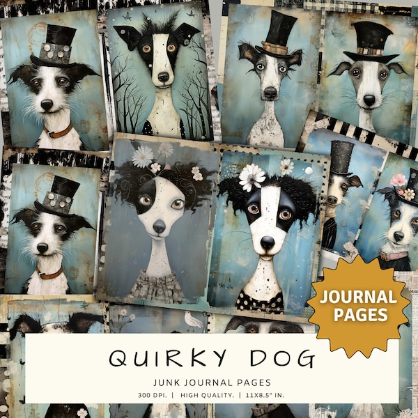 Quirky Dog Junk Journal Pages,  Junk Journal Papers, Painted Dogs Digital Paper, Scrapbook, Digital Collage Art, Dog Mixed Media Paper