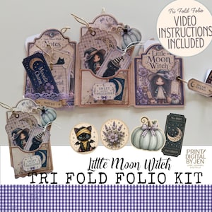 May include: A Little Moon Witch tri-fold folio kit featuring paper pockets, tags, and circular cutouts with illustrations of a witch, black cat, lavender, and pumpkins. Text includes Little Moon Witch Notes, Sweet Little Spellcaster, and Dream Journal.