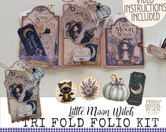 Little Moon Witch Tri Fold Folio Kit, JPG Printable Halloween Junk Journal Digital Download