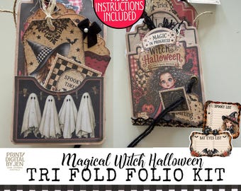 Magical Witch Halloween Tri Fold Folio Kit, Vintage Ephemera, DIY Paper Craft (Digital Download)