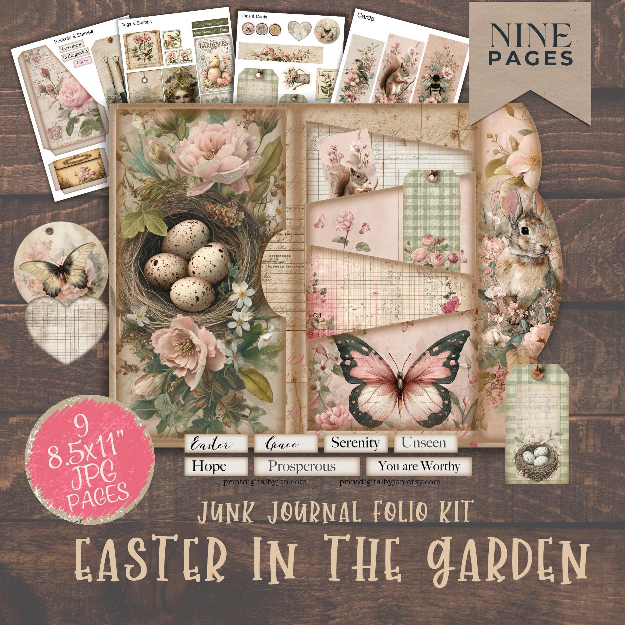 Easter Garden Junk Journal Folio Kit, Vintage Bunny Floral Ephemera (30 ...