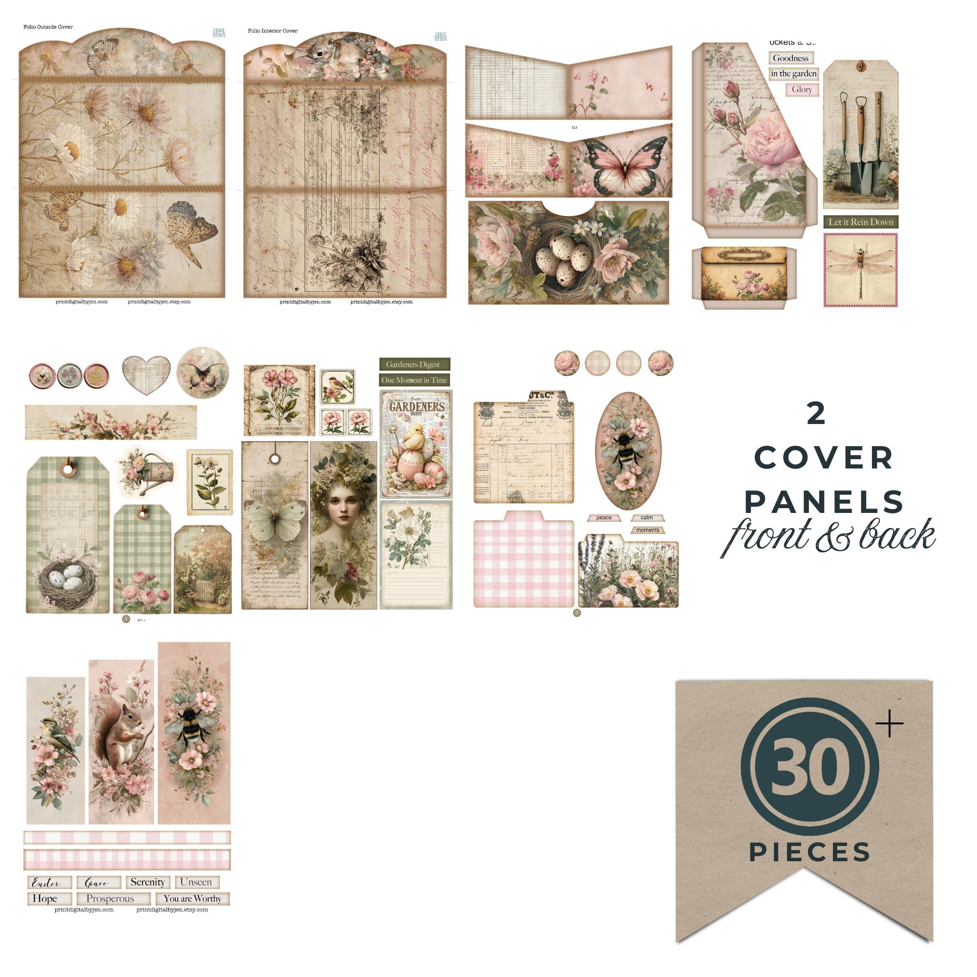 Easter Garden Junk Journal Folio Kit, Vintage Bunny Floral Ephemera (30 ...