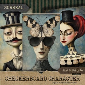 Checkerboard Character Illustration, Funny Cartoon Chess Characters, Paper Craft, Scrapbooking, Journaling, Digital Download, ATC Cards