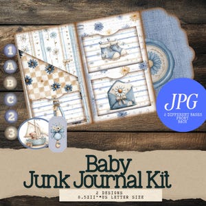 May include: A baby junk journal kit with a vintage aesthetic. The kit includes patterned pages with blue and tan floral and checkered designs, along with decorative elements like baby shoes and an envelope. The kit is 8.5x11 inches in size.