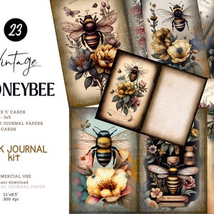 Watercolor Bee Junk Journal Pages, Vintage Bee Junk Journal Kit, Junk Journal Paper, Digital Collage Sheet, Instant Download