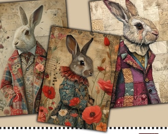 Patchwork Rabbit Junk Journal Cards: Printable Easter Bunny Collage (Digital Journal)