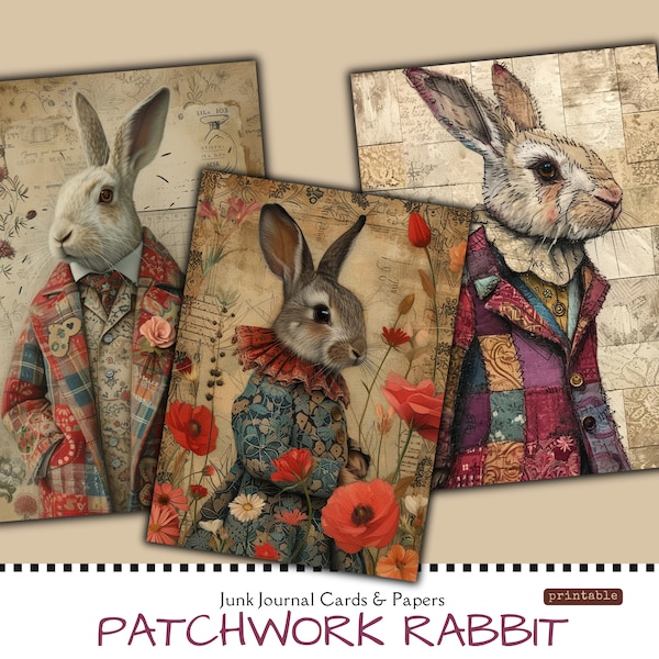 Patchwork Rabbit Junk Journal Cards and Papers, Collage Sheet, Printable Easter, Bunny Junk Journal Pages, Scrapbooking, Digital Journal